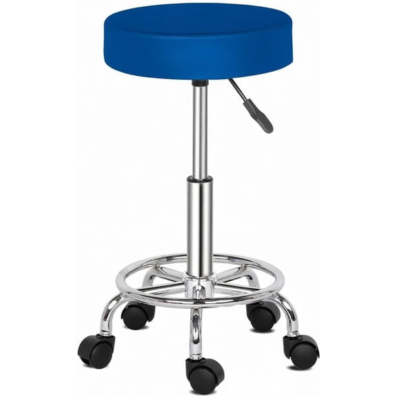 WoofPaw Adjustable Rolling Stool with Wheels Round RollingStool with Footrest, Patent Leather Drafting Stool Chair with Wheels Work Spa Salon Seat,Blue
