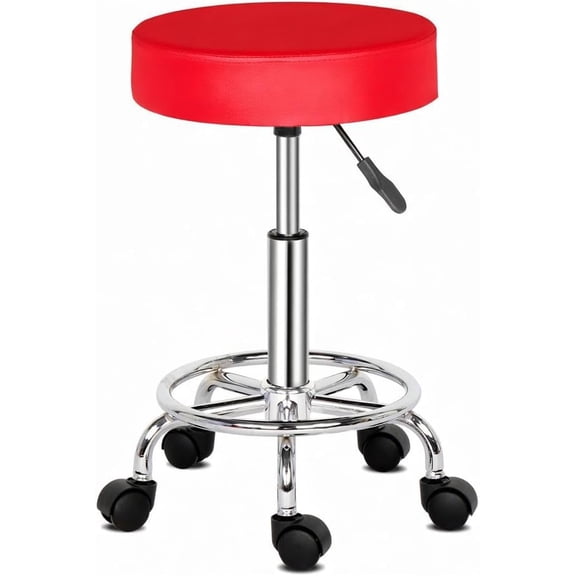 WoofPaw Adjustable Rolling Stool with Wheels Round RollingStool with Footrest, Patent Leather Drafting Stool Chair with Wheels Work Spa Salon Seat,Red
