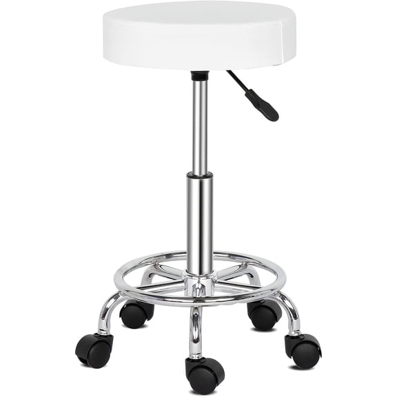 WoofPaw Adjustable Rolling Stool with Wheels Round RollingStool with Footrest, Patent Leather Drafting Stool Chair with Wheels Work Spa Salon Seat,White
