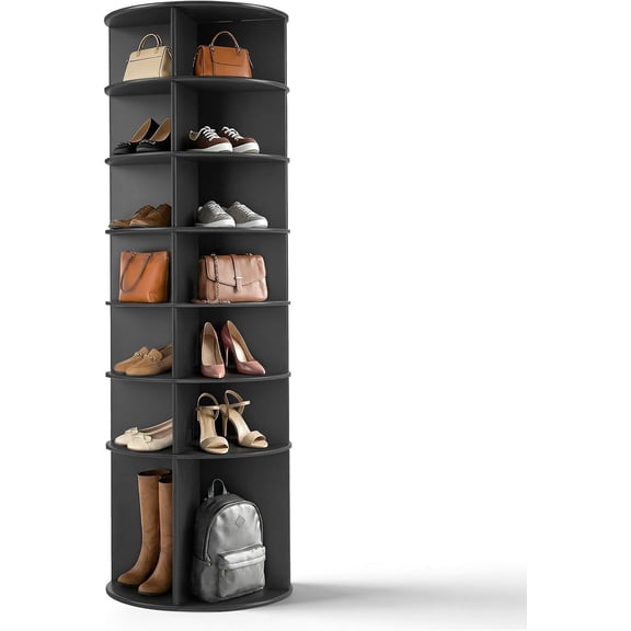 WoofPaw Black Rotating Shoe Rack Tower, 7 Tier 360° Shoe Storage for Closet, 73" Tall Vertical Carousel Organizer for Sneakers, Boots & Hats, Modern Industrial Corner Shelves (No Tool Assembly)