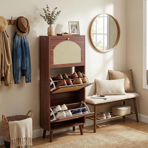 WoofPaw Brown Rattan Shoe Cabinet, 3-Tilt-Out Entryway Storage Organizer | Hidden Shoe Rack with 3 Tilt-Out Compartments for Heels, Slippers and Casual Shoes, Space Saving Entryway Furniture