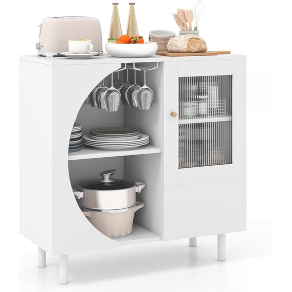 WoofPaw Buffet Cabinet with Storage, Wooden Kitchen Sideboard w/Glass Holder, 2 Cupboards, Free-Standing Wine Liquor Cabinet, White Console Cabinet, Accent Buffet Table for Living Room Coffee Bar
