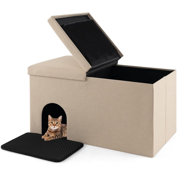 WoofPaw Cat Litter Box Enclosure, Hidden Litter Box Furniture Ottoman with Urine Proof Litter Mat, Flip-up Lid, Dog Proof Cat Washroom Bench Storage Cabinet, Cat Box Enclosure (Beige)