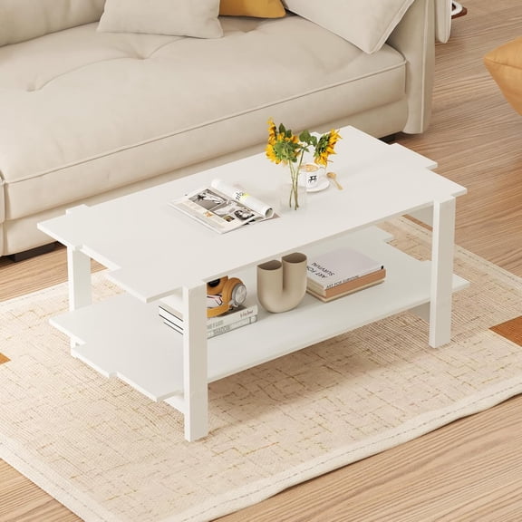 WoofPaw Coffee Table with Storage, 45 Inch Modern Center Table with Slatted Design & Side Rail Support, Rectangular Living Room Table for Small Spaces, White