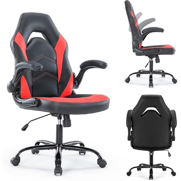 WoofPaw Computer Gaming Chair - PU Leather Ergonomic Lumbar Support with Flip-up Armrest and 360 Swivel Wheels, Height Adjustable Task Home Office Desk Video Racing, Red