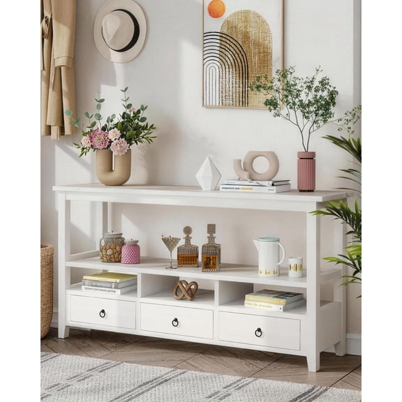WoofPaw Console Table with 3 Bottom Drawers, 57.9" W Sofa Side Table Entryway Desk with 3 Storage Cubbies 1 Open Shelf, Vintage TV Stand for Hallway Living Room Office,White
