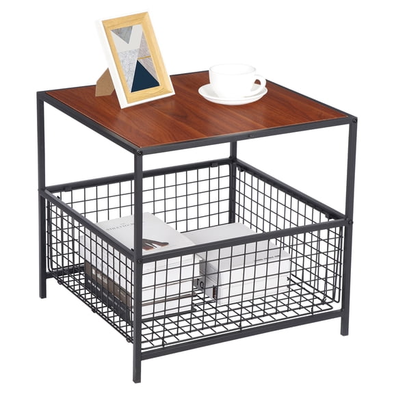 WoofPaw End Table, 20 Inch Square Side Table w/Mesh Storage Basket, 2-Tier Nightstand Storage Shelf Metal Frame for Living Room Bedroom Kitchen Family and Office