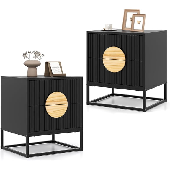 WoofPaw Fluted Nightstand Set of 2 with 2 Drawers, Wood Black Bedside Table,Natural Circle Handle & Metal Frame, Minimalist Accent End Table, Mid Century Night Stand for Bedroom