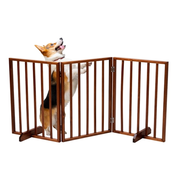 WoofPaw Free Standing Dog Gate Indoor, Foldable Pet Gate for Dogs and Puppy, 24" Height Wooden Dog Gates for Doorways Extra Wide/Stairs/Hallways,3 Panel-Brown