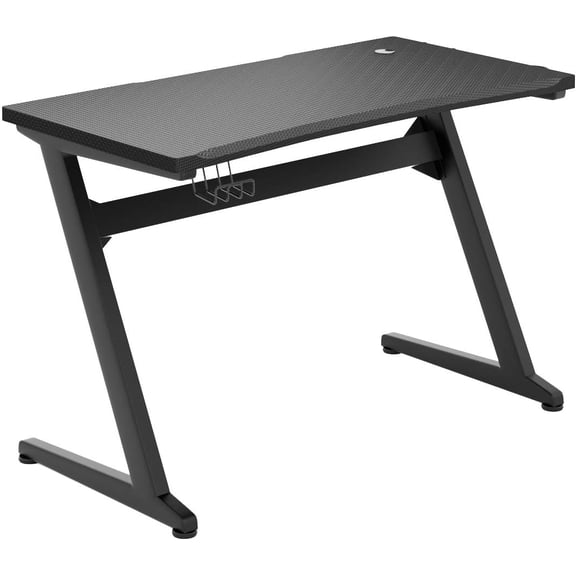 WoofPaw Gaming Desk, Z Shaped Ergonomic Gaming Computer Desk, E-Sports Game Desk with Cup & Headphone Holder and Mouse Pad, Gamer Workstation, Carbon Fiber Surface and Z-Shape Steel Frame (Black)
