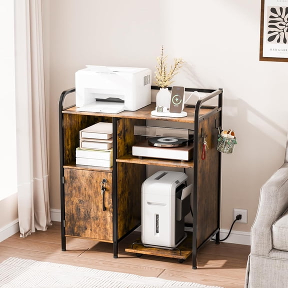WoofPaw Multifunctional Printer Stand with Trolley, Paper Shredder Stand Rack with Wheels, Lateral Office Storage Cabinets with Socket and USB Charging Port, Open Shelves for Home Office,Rustic Brown