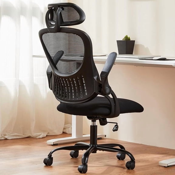 WoofPaw Office Computer Desk Chair, Ergonomic High-Back Mesh Rolling Work Chairs with Wheels and Adjustable Headrests, Comfortable Lumbar Support, Comfy Flip-up Arms for Home, Bedroom, Study,Black