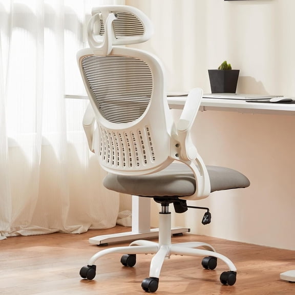 WoofPaw Office Computer Desk Chair, Ergonomic High-Back Mesh Rolling Work Chairs with Wheels and Adjustable Headrests, Comfortable Lumbar Support, Comfy Flip-up Arms for Home, Bedroom, Study,Gray