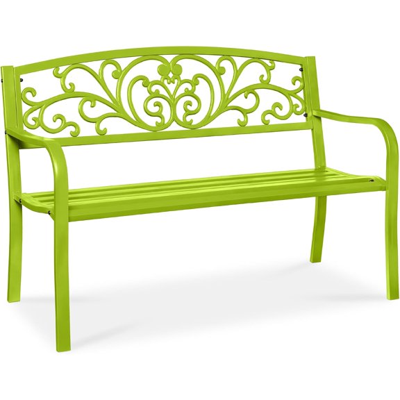 WoofPaw Outdoor Bench Steel Garden Patio Porch Furniture for Lawn, Park, Deck w/Floral Design Backrest, Slatted Seat - Lime Green