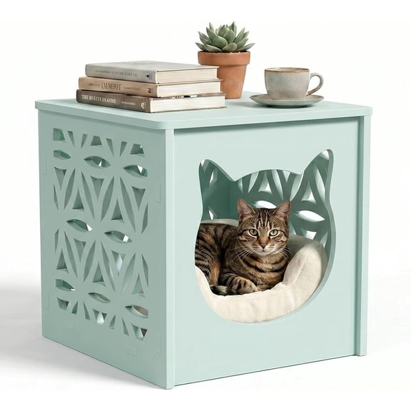 WoofPaw Outdoor Side Table with Cat House and LED Light, 15.6" Resin Waterproof Square Side Table End Table for Patio Garden Balcony Porch (Green)