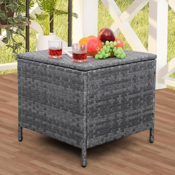 WoofPaw Outdoor Wicker Storage Side Table, Patio PE Rattan End Table with Storage, Square Container for Furniture Covers, Toys, and Gardening Tools,Gray