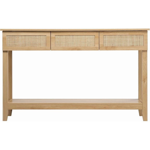WoofPaw Rattan Console Sofa Table,Entryway Table with 3 Drawer & Shelf,Behind Couch Table,Entry Foyer Hallway Storage,Accent Sofa Table for Living Room,Foyer,Hallway,Natural