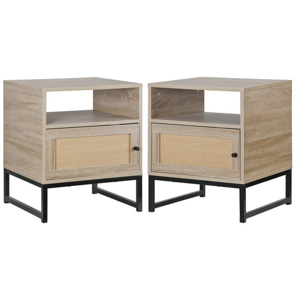 WoofPaw Rattan Nightstands Set of 2, Farmhouse Night Stands Bedside Table with Drawer, Boho Side Table End Table for Bedroom Living Room Office and Small Spaces, Oak