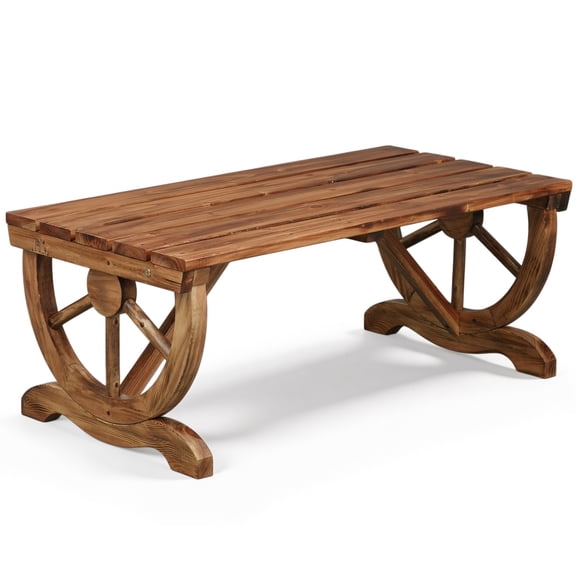 WoofPaw Rustic Wagon Wheel Garden Bench, Solid Fir Wood Outdoor Bench w/ Carbonized Finish, 2-Person Patio Bench for Porch, Backyard, Firepit & Lawn (Brown)
