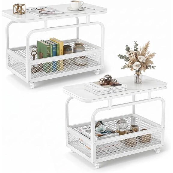 WoofPaw Set of 2 Rolling Side Tables, End Table w/Mesh Storage Basket | Faux Marble Top, Mobile Utility Cart, Lockable Wheel, Office Living Room Bedroom