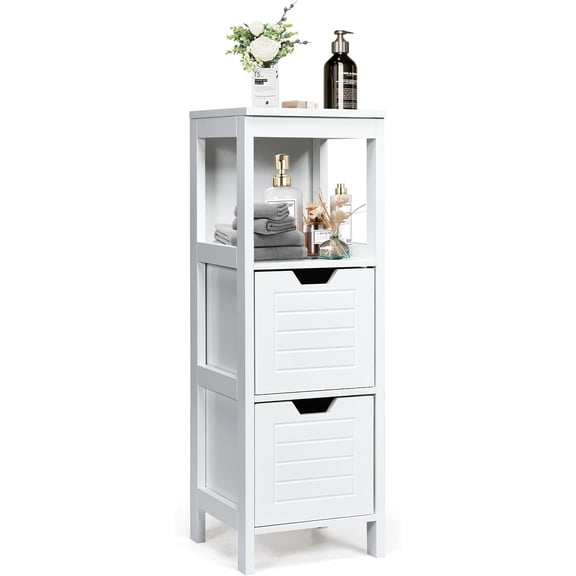 WoofPaw Slim Bathroom Storage Cabinet, Freestanding Wooden Storage Cabinet | with 2 Adjustable Drawers, Space-saving Narrow Floor Cabinet for Living Room Bathroom Entryway (White)