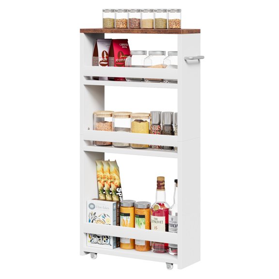 WoofPaw Slim Storage Cart, 4-Tier Skinny Rolling Cart, 5.5" Narrow Utility Trolley with Handle & Lockable Wheels,Thin Shelf for Kitchen, Laundry Room, Bathroom, Small Spaces,Space-Saving
