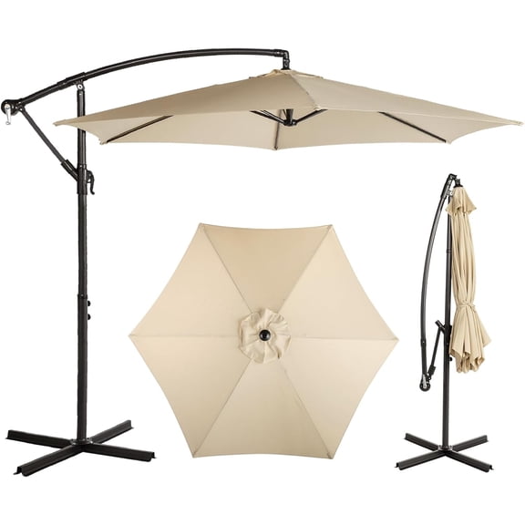 WoofPaw Solar LED Offset Cantilever Patio Umbrella UPF50+ Waterproof Anti-fade Vented Polyester Canopy Rustproof Metal Frame, Crank Adjustable Outdoor Shade for Backyard Poolside & Cafe Beige-NO LEDS