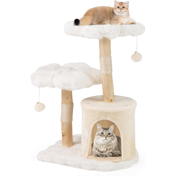 WoofPaw Solid Wood Cat Tree, 32 Inch Modern Flower Kitty Tower with Natural Branches, Padded Perches, Scratching Posts, Dangling Balls, Cute Cat Condo for Indoor Cats (Beige)