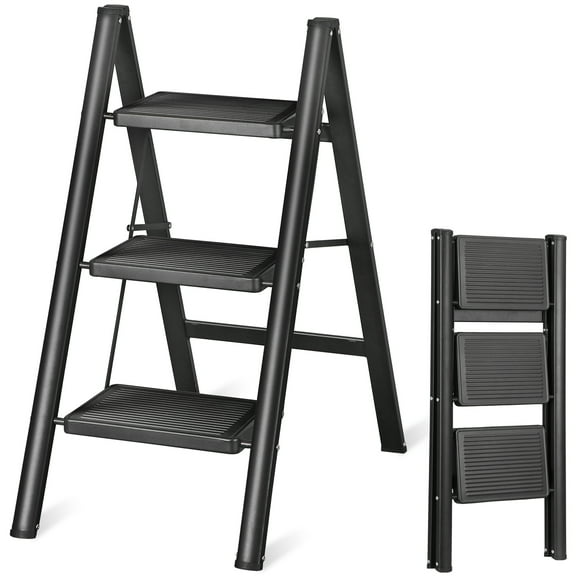 WoofPaw Step Ladder 3 Step Folding, Small Step Stool for Adults, Portable Anti-Slip Iron Stepladder with Wide Pedals for Home and Kitchen Use, Space Saving - Black (330 lbs)