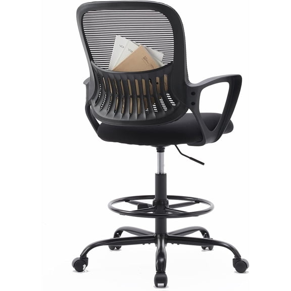 WoofPaw Tall Drafting Desk Chair - Ergonomic High Stool Computer with Adjustable Height and Comfy Lumbar Support, Office Rolling Counter with Flip-up Arm and Footrest,Black