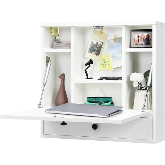 WoofPaw Wall-Mounted Computer Desk, Floating Desk with Storage Drawer & Shelves, Fold-up Desktop & Pneumatic Springs, Ideal for Home, Office, Dormitory, Small Spaces (White)