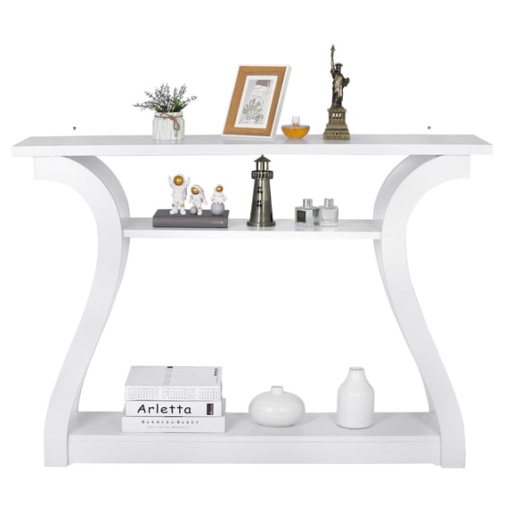 WoofPaw Wood Console Table for Entryway, 3 Tier Decorative Sofa Table with Curved Frame and 2 Open Storage Shelves, Narrow Side Table for Hallway Living Room Bedroom,White