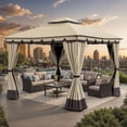 thumbnail image 1 of Wooflex 10x10FT Outdoor Roman Gazebo with Double-Top Wave Pattern Canopy – Black Frame & Beige/Brown Double-Hanging Curtains, 1 of 11