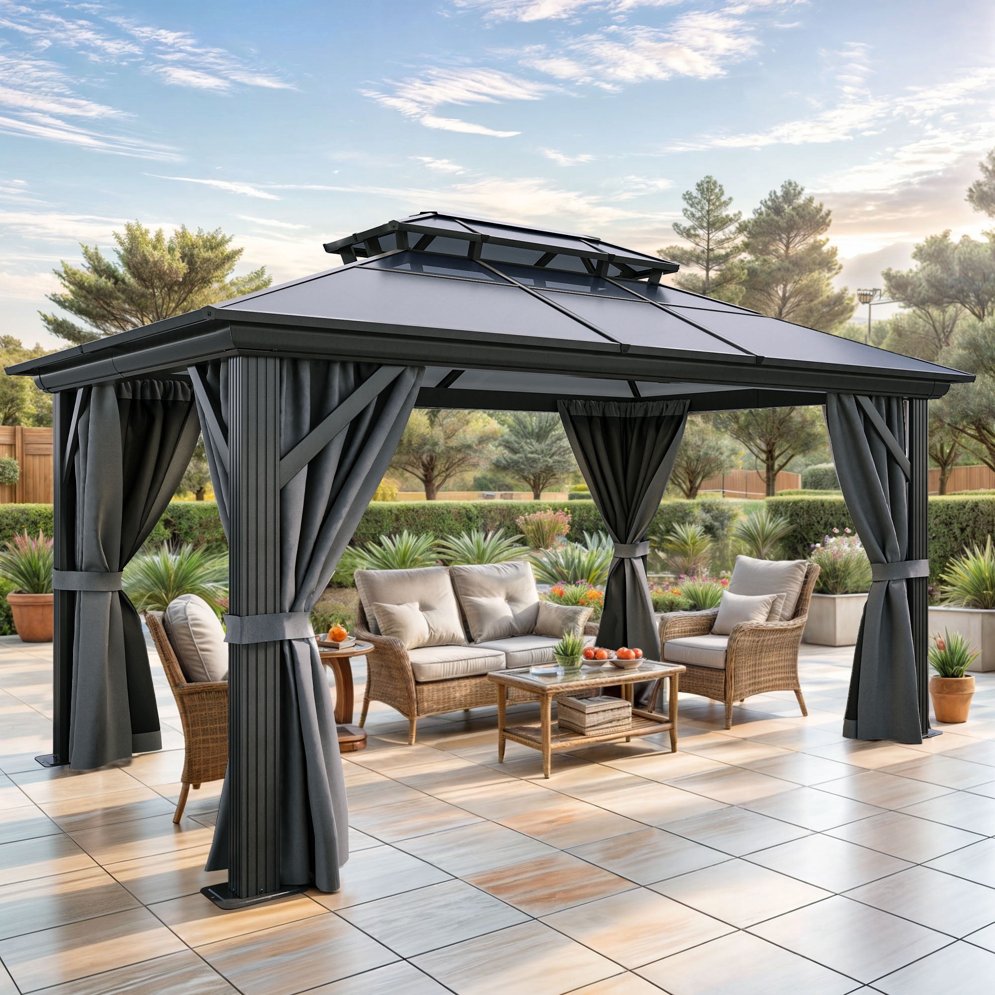 Wooflex 10' x 12' Outdoor Canopy Gazebo, Metal Black Aluminum Frame