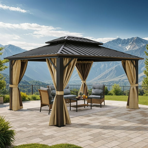 Wooflex 10' x 12' Black Aluminum Frame Gazebo with Double Vertical Stripes Roof, Netting, Brown Curtains, and Backyard Use