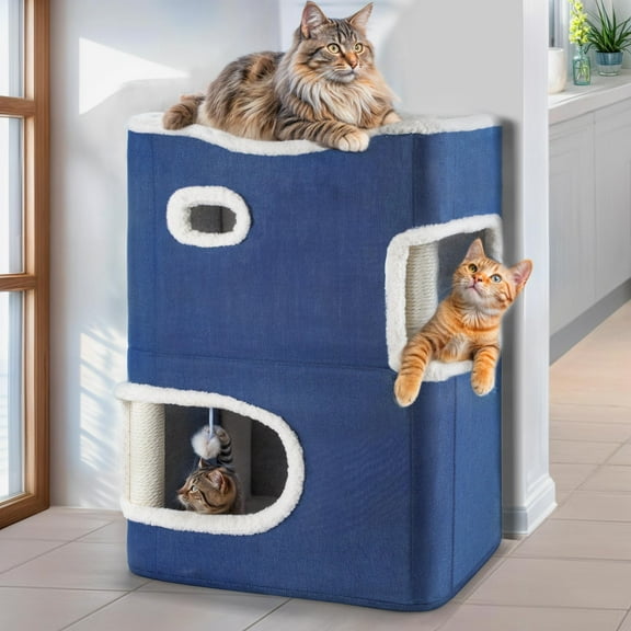 Wooflex 17" Indoor 3-Level Modern Cat House with Scratch Pad and Hideaway Cave, Include Toys, Blue