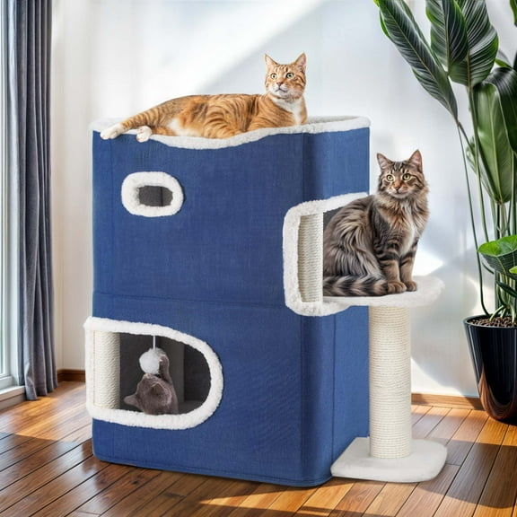 ModFusion 22" Indoor Cat House with Scratching Post, 3-Level Hideaway & Toys, Blue