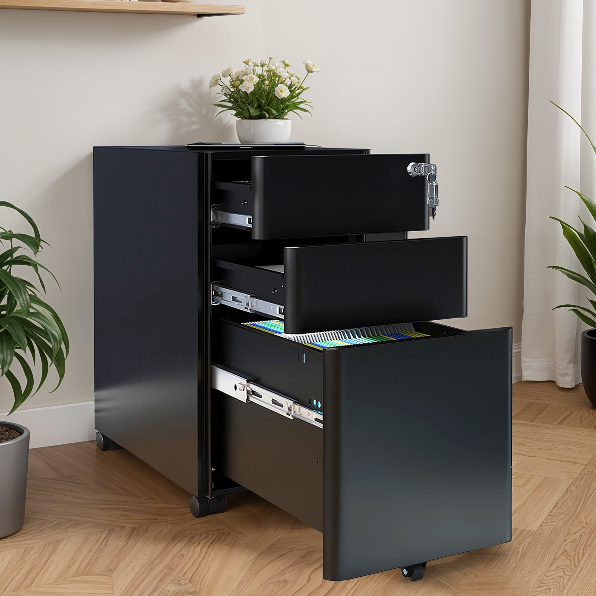 Wooflex Slim 3-Drawer Lockable File Cabinet for Home and Office – Mobile Steel Storage with Anti-Tipping Design, Caster Wheels, Durable Black Finish, Compact Document Organizer