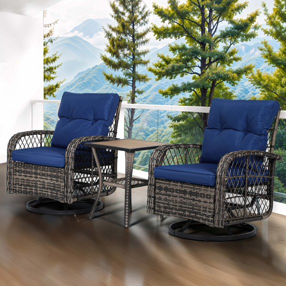 Wooflex 3-Piece Outdoor Indoor Rotatable Rattan Swivel Glider Rocker Chair & Table Patio Bistro Set Perfect Stylish Wicker Rocking chair for Relaxing Conversations