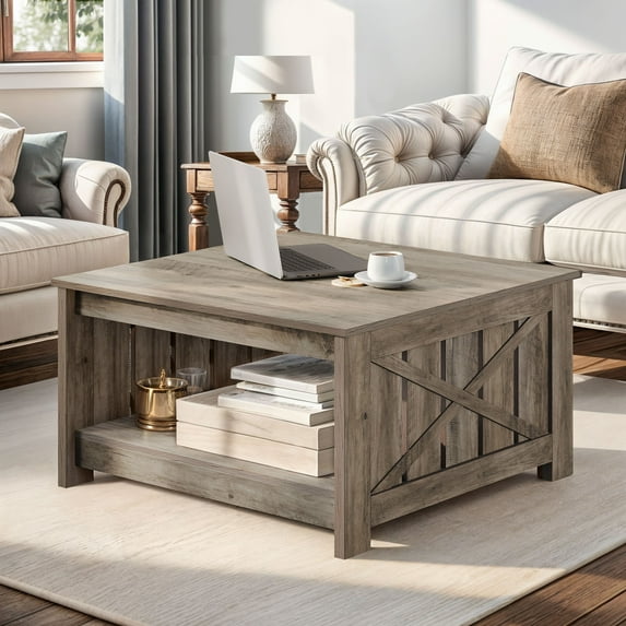 Wooflex 31.5"L Square Farmhouse Wooden Coffee Table, 17.7"H Barn Door Style Center Table with Lower Storage Compartment for Living Room, Home Office, Rustic Oak