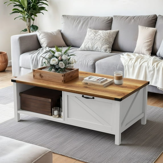 ModFusion 46"x23" Farmhouse Wood Coffee Table with Sliding Drawer Storage and Open Storage, Rectangle Cocktail Center End Table for Living Room, Home Office, White & Brown