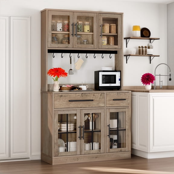 ModFusion 5.9ft Kitchen Pantry Cabinet with Charging Outlet, Glass Holder Hooks, Large Drawer, 1.3x3.2x5.9 ft Farmhouse Door, 71" Sideboard, Oak Brown