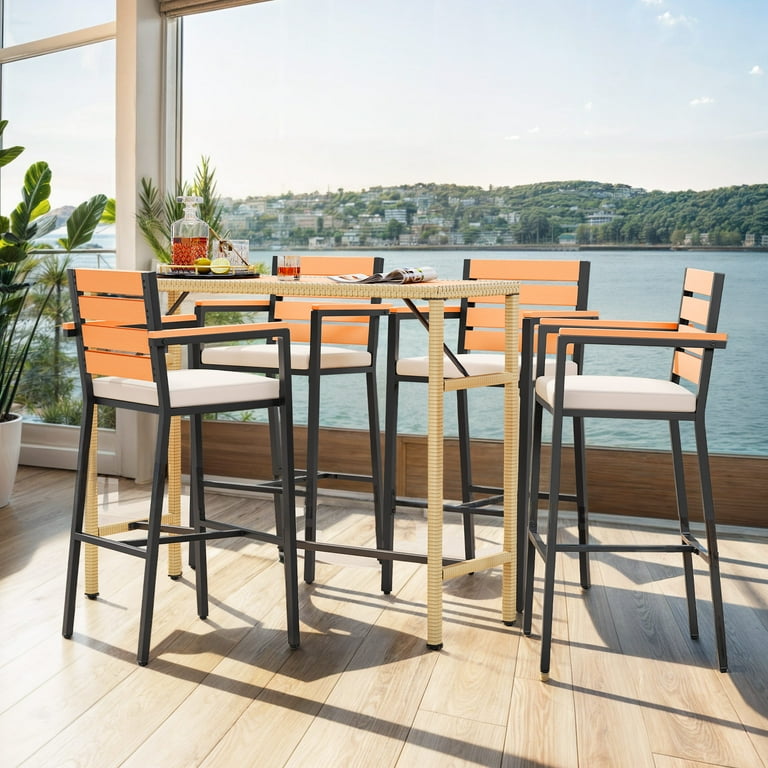 Wicker Light Wood Bistro Table Wooflex 5-Piece Outdoor Indoor Rattan Patio  Bar Table Set, Wicker