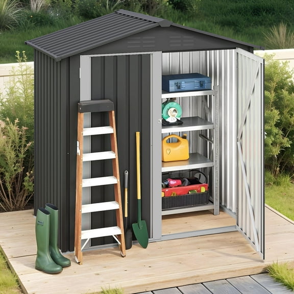 ModFusion 6x4 ft Galvanized Metal Garden Shed with Lockable Double Doors, Air Vent Windows, Medium Backyard Tool Storage House 67x38x72 in, Dark Gray Black