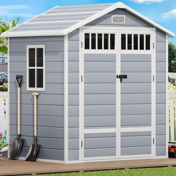 Wooflex 6.7 x 5.6 x 4 ft Resin Storage Shed with Floor, Air Vent, Window, Lockable Double Door, Waterproof Garden Tools, Pool Organizer, Plastic Utility Building, Light Gray