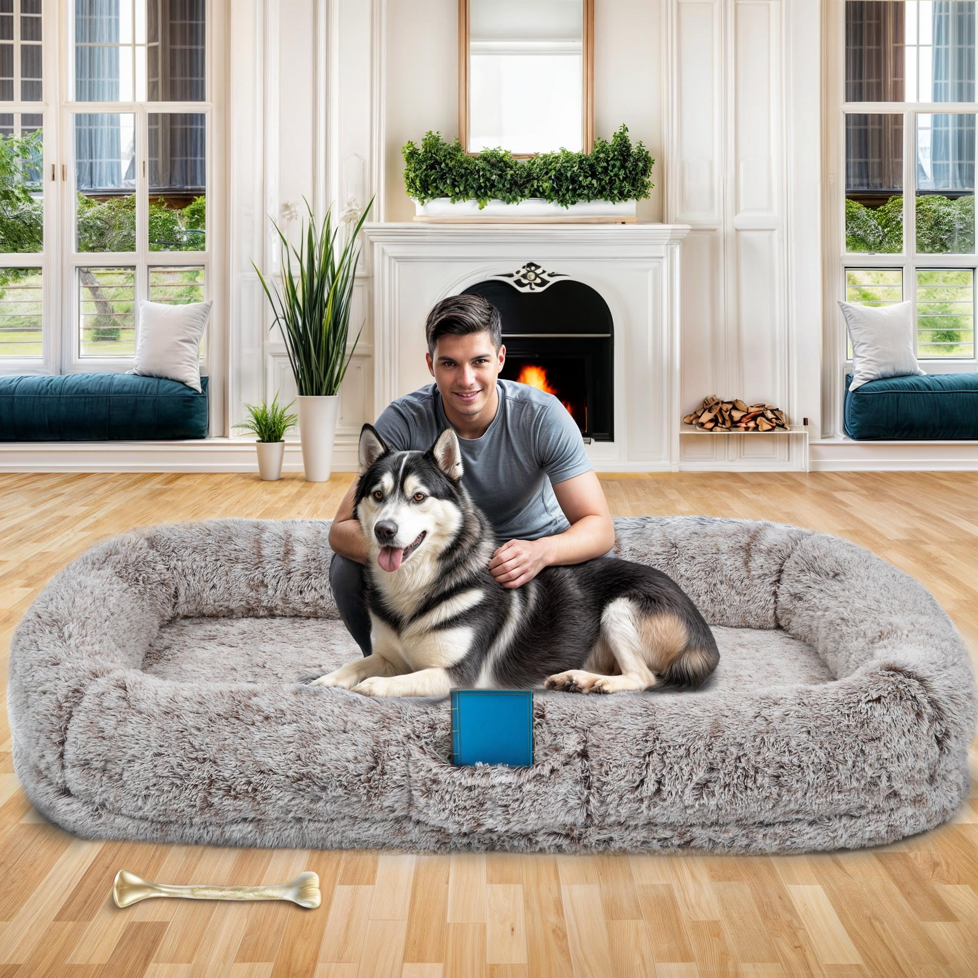 ModFusion 78” Extra-Large Human Dog Bed with Pillow & Blanket – Washable Faux Fur, Brown – Pet Bed for Dogs and Humans