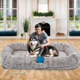 thumbnail image 1 of ModFusion 78” Extra-Large Human Dog Bed with Pillow & Blanket – Washable Faux Fur, Brown – Pet Bed for Dogs and Humans, 1 of 9
