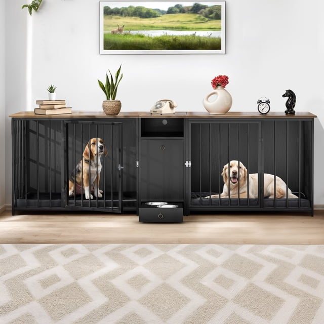 Wooflex 95" 3-in-1 Dog Crate with Built-in Food Bowls, Dual Kennels, TV ...