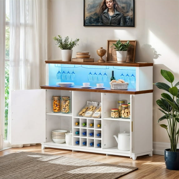 ModFusion Bar Cabinet with LED Light, Power Outlets, Anti-Tip, Steamware Rack, Adjustable Shelves for Wine, Home Storage, White