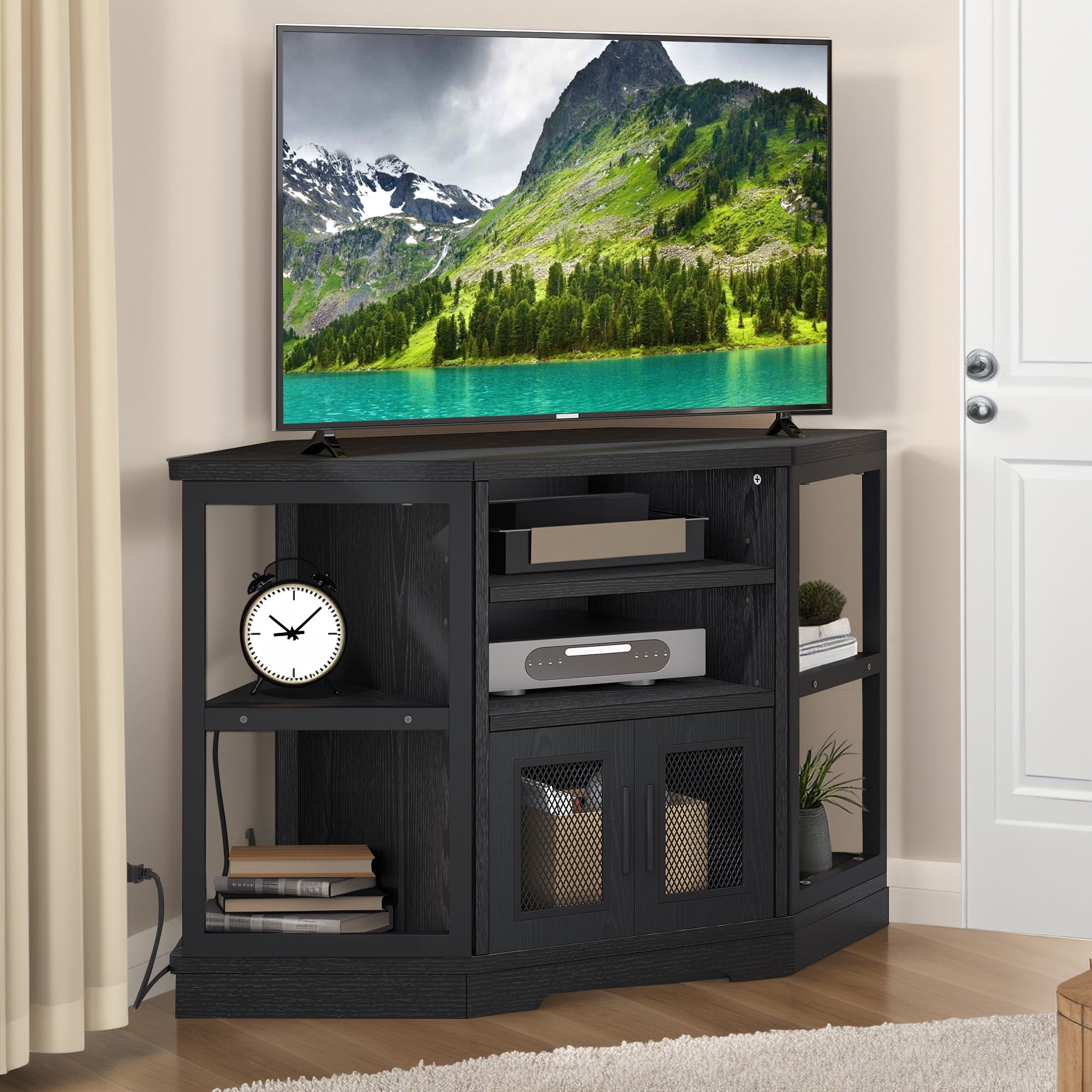 Wooflex Black Entertainment Center, 55" TV, Modern Farmhouse, Adjustable Shelves, Freestanding